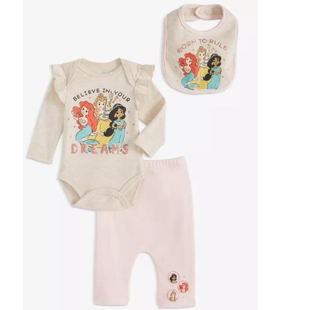 Disney Baby Girls Princesses Bib, Bodysuit & Pants, 3 Piece Set NB